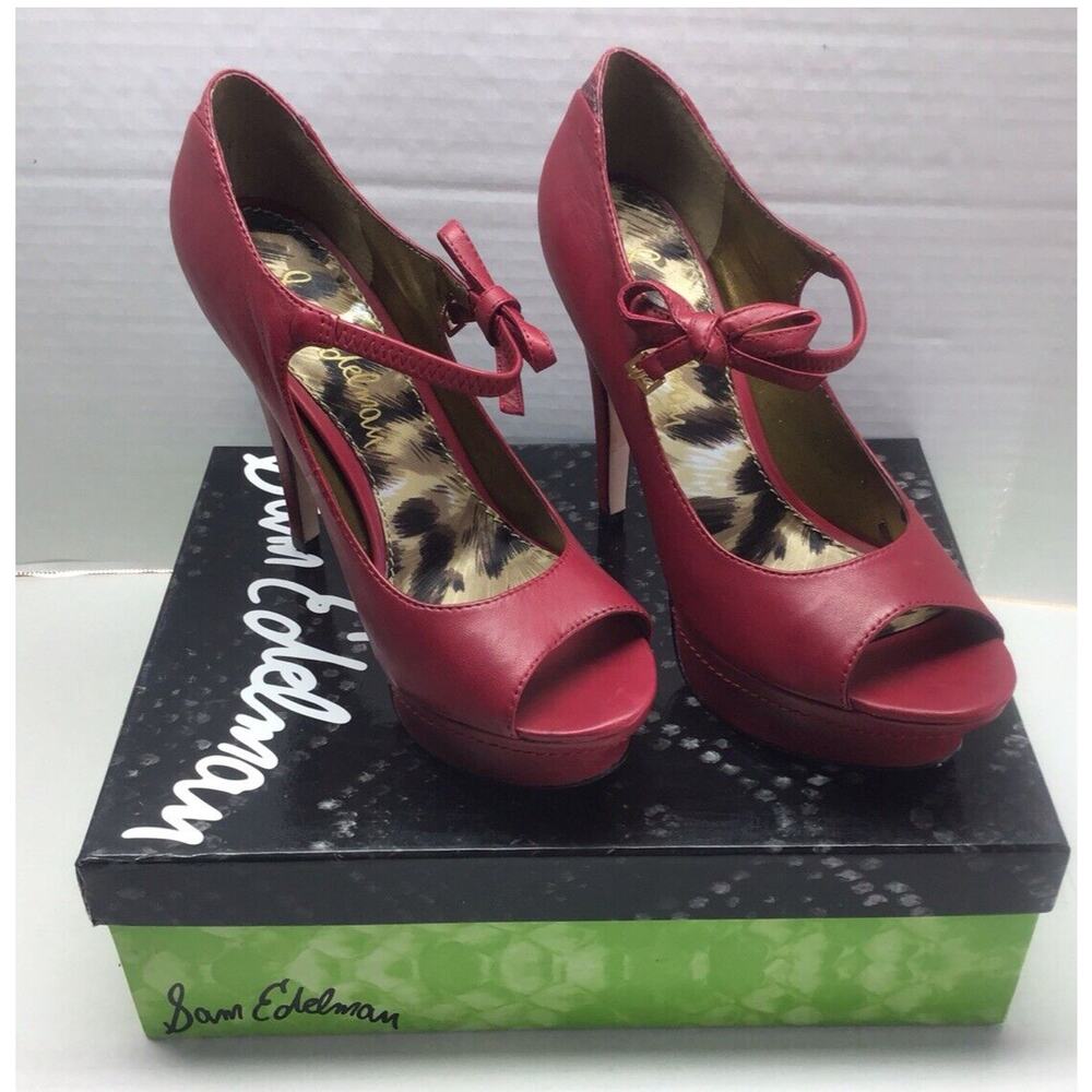 Sam Edelman Red Leather Poppy Platform Peep Toe Stiletto Heels Bow 7.5